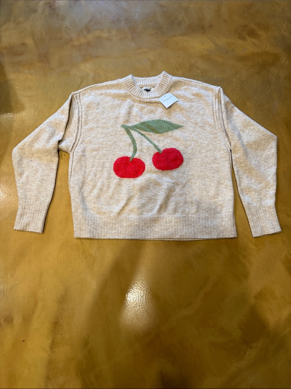 American Eagle Outfitters Cream Crewneck Sweater with Red Cherry Motif